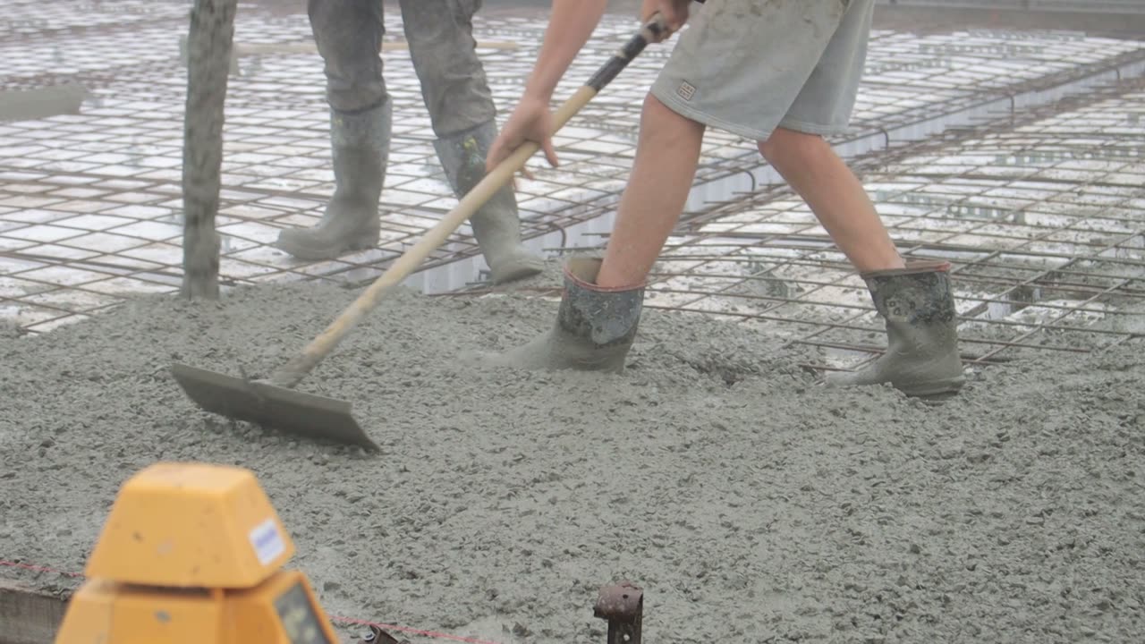Echipă care întinde beton proaspăt peste armătură